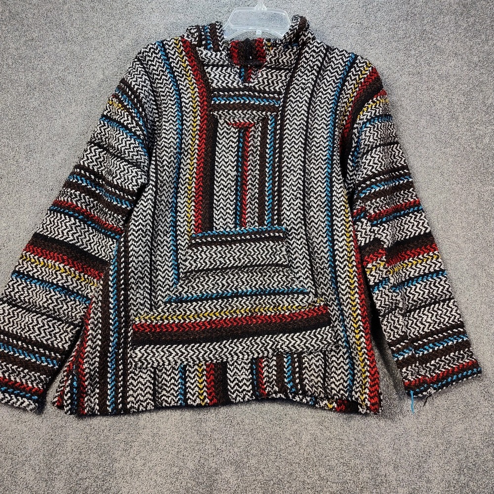 Baja Joe Mens Medium Mexican Hoodie Poncho Drug Rug Surf Hippy Pullover Striped